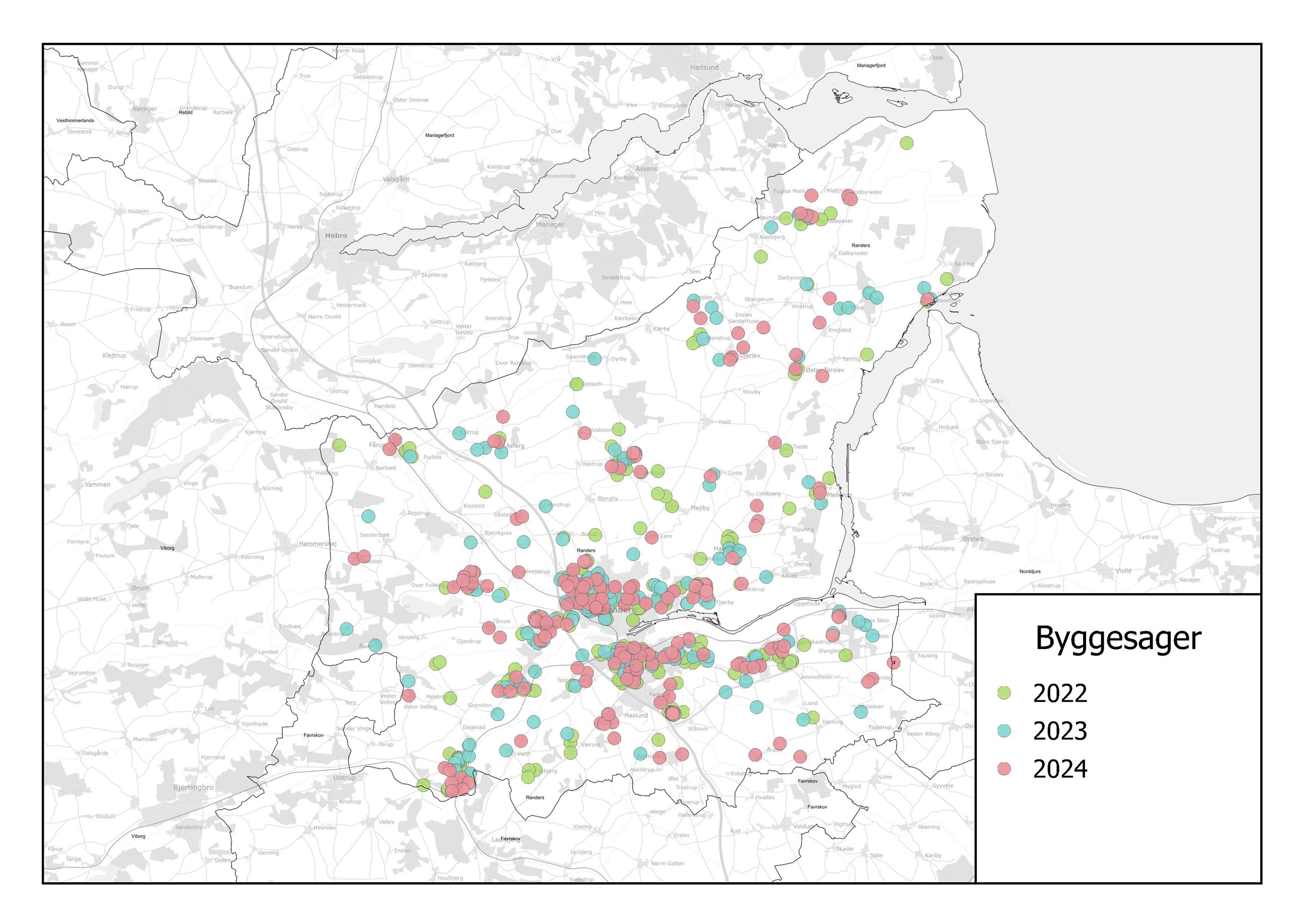 Kort 2. Antal byggetilladelser meddelt på enfamiliehuse og rækkehuse i perioden 2022-2024