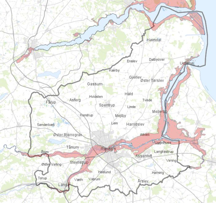 Områder med risiko for oversvømmelse i Randers Kommune