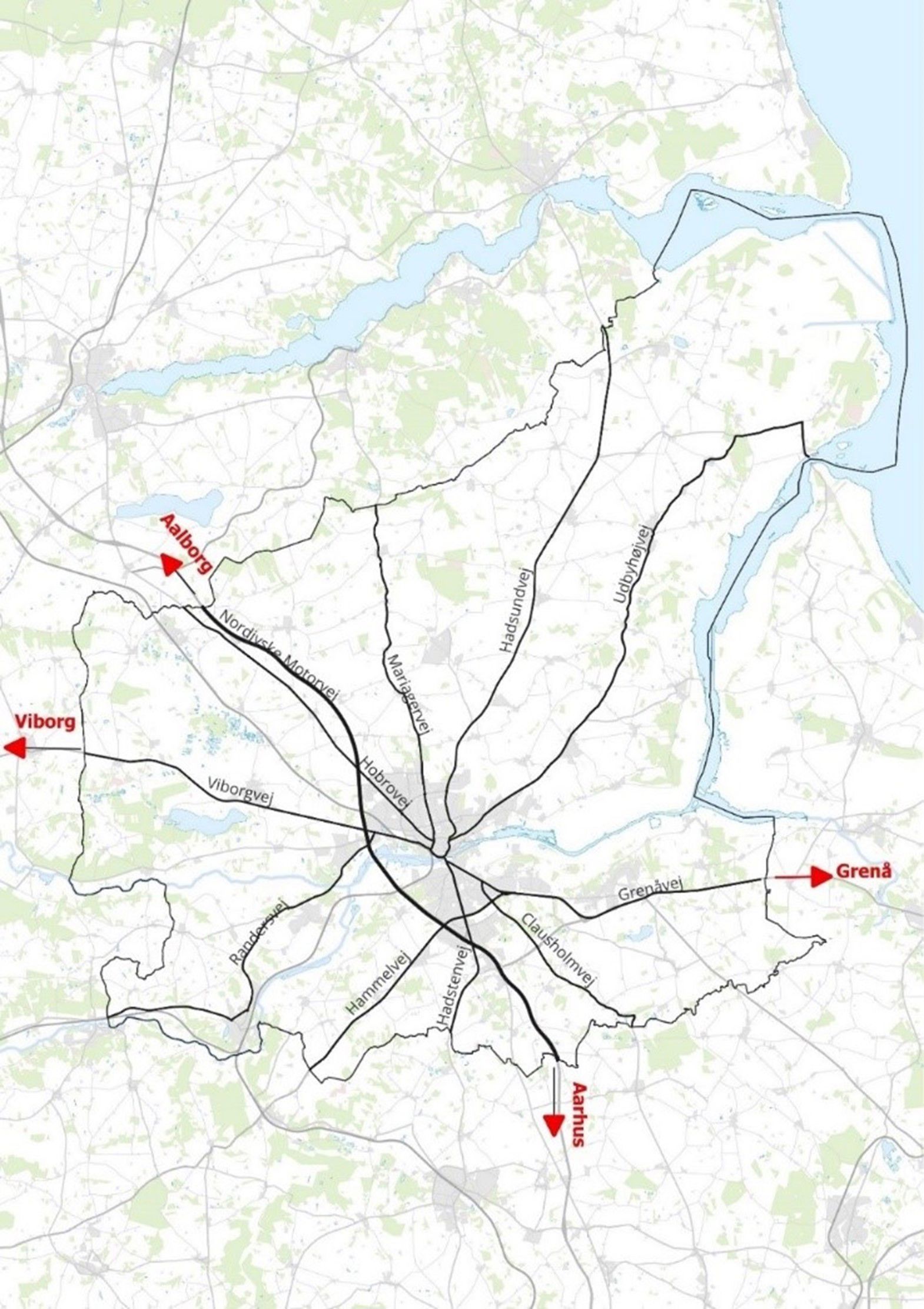 Kort 1.4: De 12 hovedveje i Randers Kommune