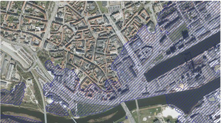 Oversvømmelsesrisiko i Randers Midtby ved 100-årshændelse