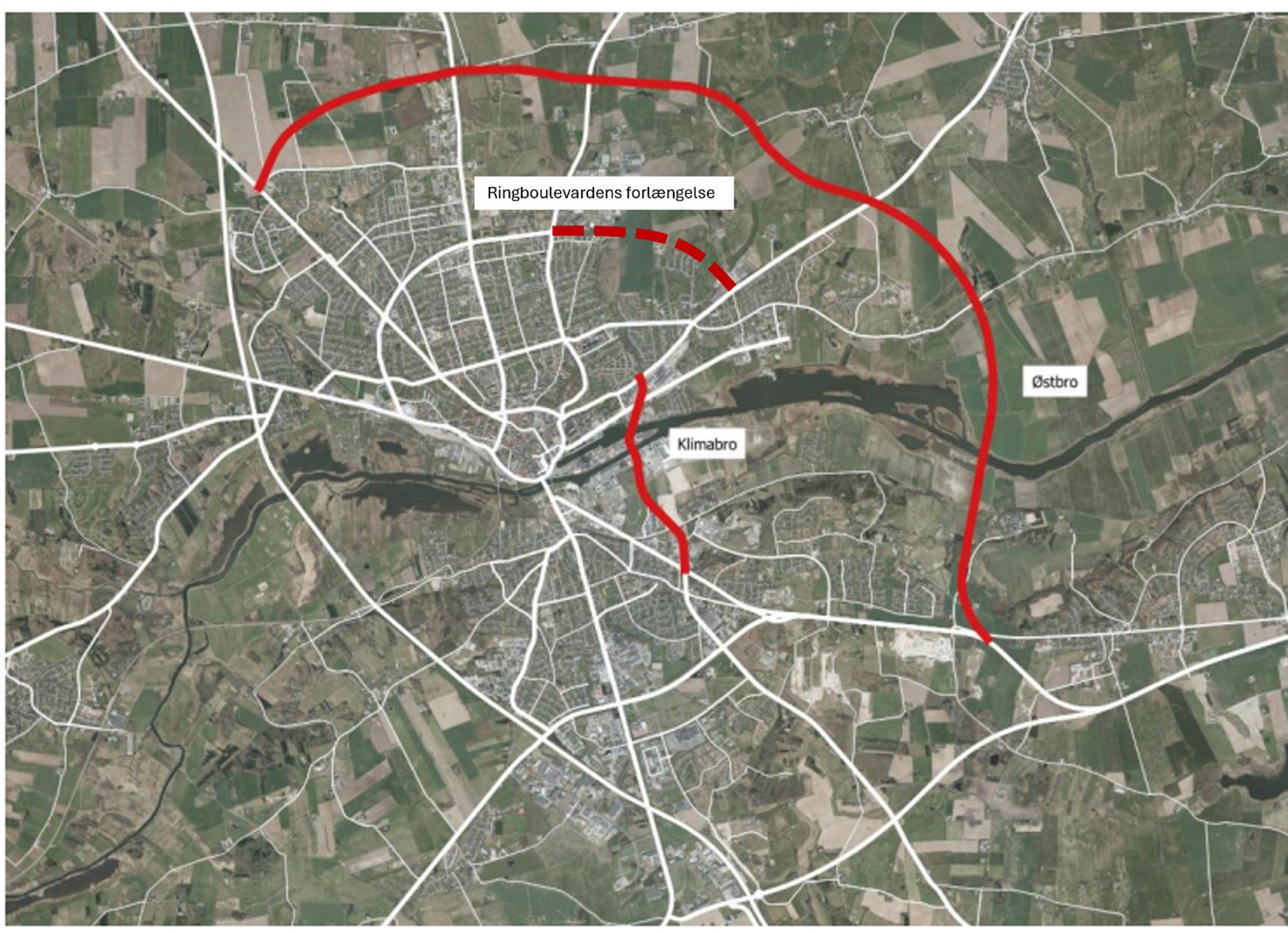 Illustration over Klimabroen, Østbroforbindelsen og Ringboulevardens forlængelse